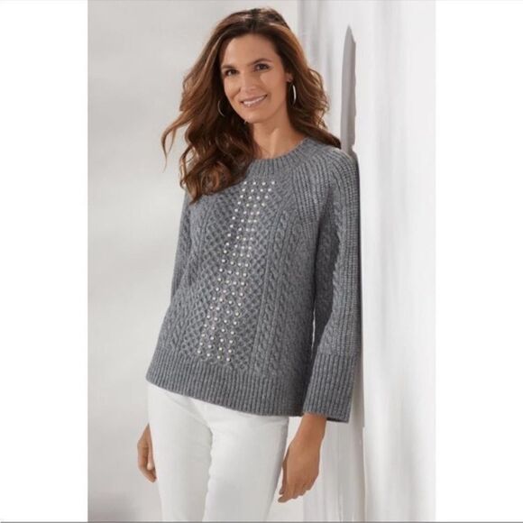 Soft Surroundings Noemi Pearl Cable Knit Sweater Crewneck Gray Size Small - Picture 3 of 9